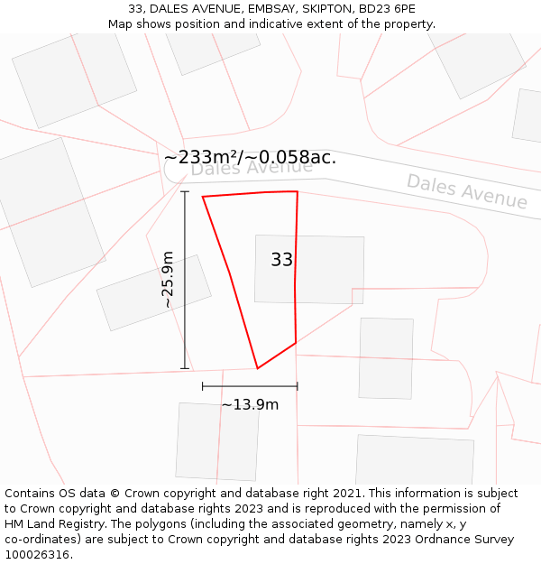 33, DALES AVENUE, EMBSAY, SKIPTON, BD23 6PE: Plot and title map