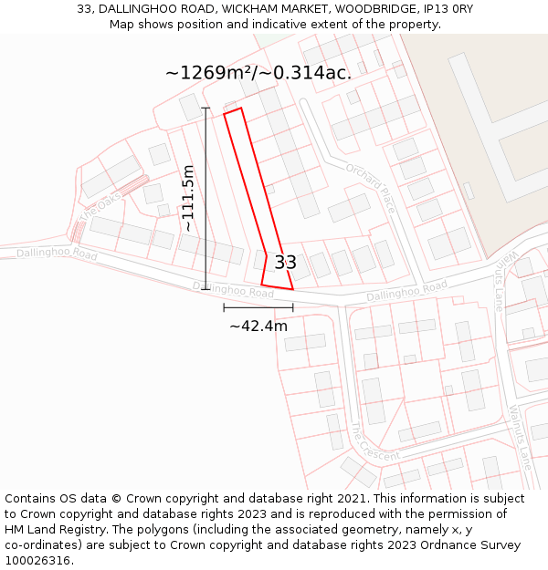 33, DALLINGHOO ROAD, WICKHAM MARKET, WOODBRIDGE, IP13 0RY: Plot and title map