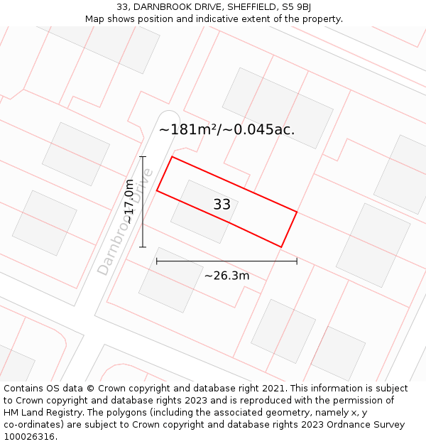 33, DARNBROOK DRIVE, SHEFFIELD, S5 9BJ: Plot and title map