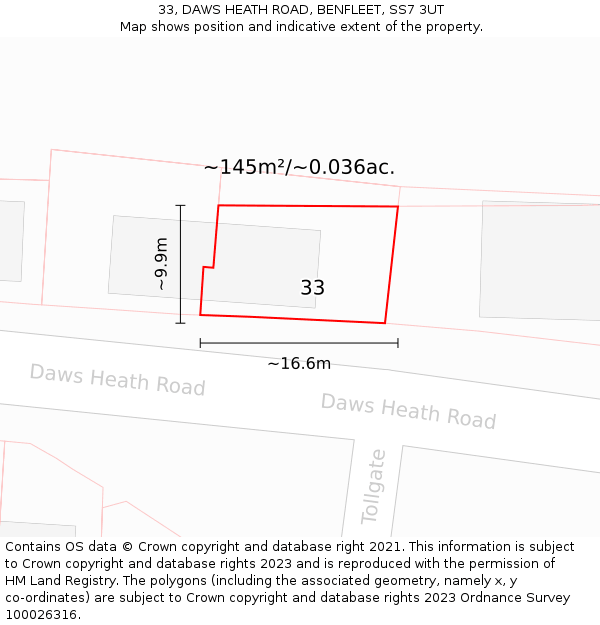 33, DAWS HEATH ROAD, BENFLEET, SS7 3UT: Plot and title map