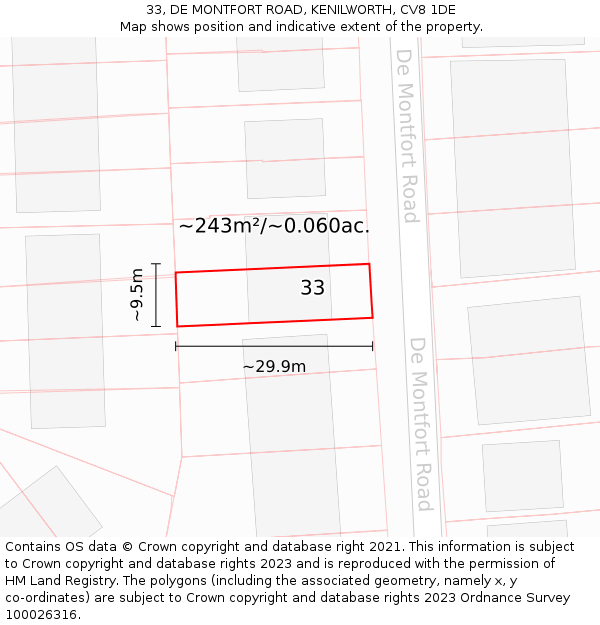 33, DE MONTFORT ROAD, KENILWORTH, CV8 1DE: Plot and title map
