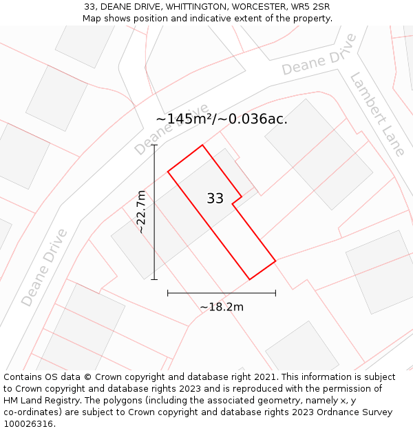 33, DEANE DRIVE, WHITTINGTON, WORCESTER, WR5 2SR: Plot and title map