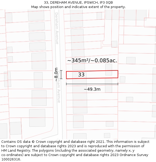 33, DEREHAM AVENUE, IPSWICH, IP3 0QB: Plot and title map