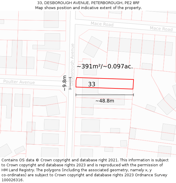 33, DESBOROUGH AVENUE, PETERBOROUGH, PE2 8RF: Plot and title map