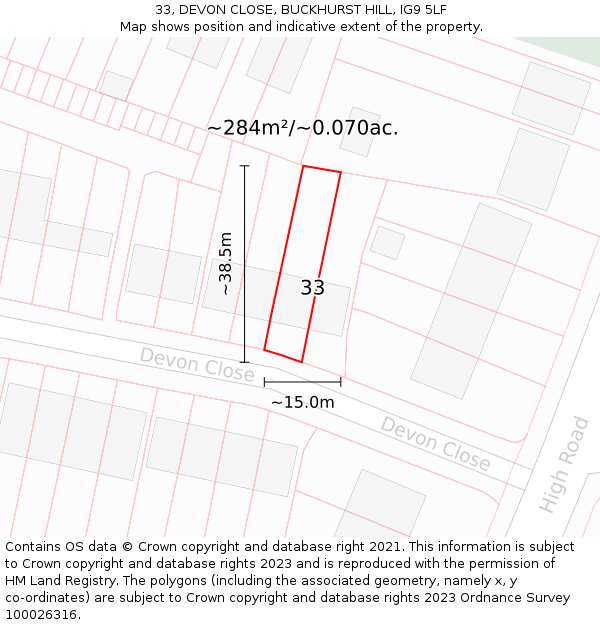 33, DEVON CLOSE, BUCKHURST HILL, IG9 5LF: Plot and title map