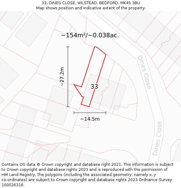 33, DINES CLOSE, WILSTEAD, BEDFORD, MK45 3BU: Plot and title map