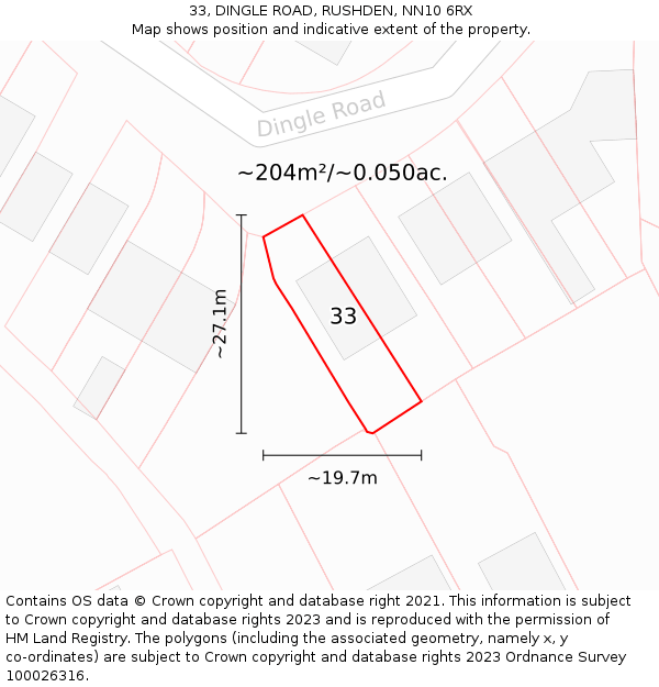 33, DINGLE ROAD, RUSHDEN, NN10 6RX: Plot and title map
