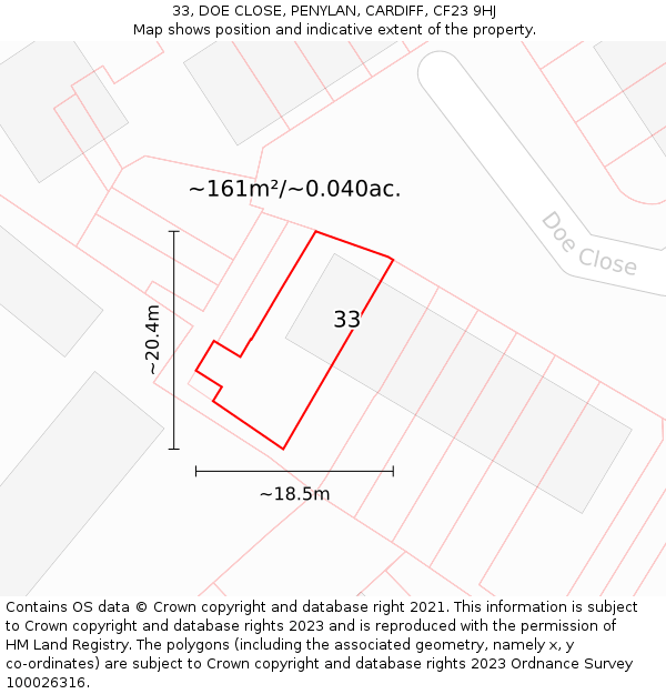 33, DOE CLOSE, PENYLAN, CARDIFF, CF23 9HJ: Plot and title map