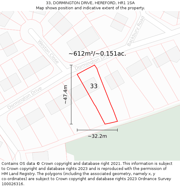 33, DORMINGTON DRIVE, HEREFORD, HR1 1SA: Plot and title map