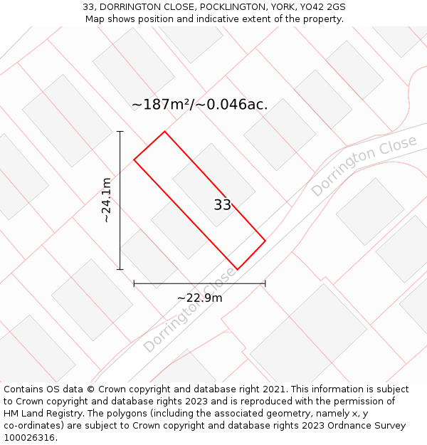 33, DORRINGTON CLOSE, POCKLINGTON, YORK, YO42 2GS: Plot and title map