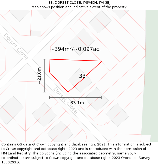 33, DORSET CLOSE, IPSWICH, IP4 3BJ: Plot and title map