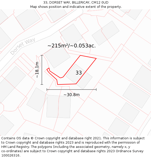 33, DORSET WAY, BILLERICAY, CM12 0UD: Plot and title map