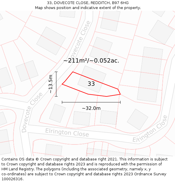 33, DOVECOTE CLOSE, REDDITCH, B97 6HG: Plot and title map