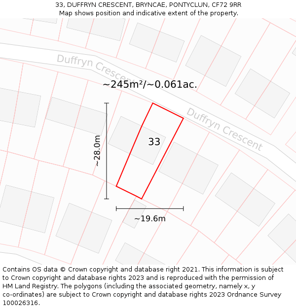 33, DUFFRYN CRESCENT, BRYNCAE, PONTYCLUN, CF72 9RR: Plot and title map
