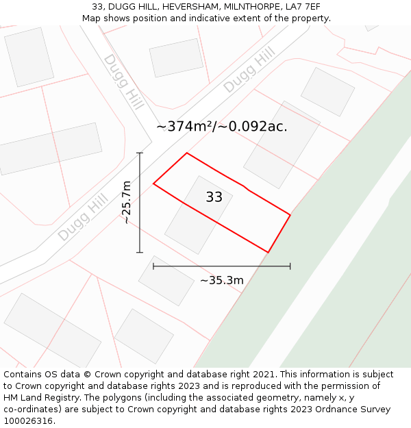 33, DUGG HILL, HEVERSHAM, MILNTHORPE, LA7 7EF: Plot and title map