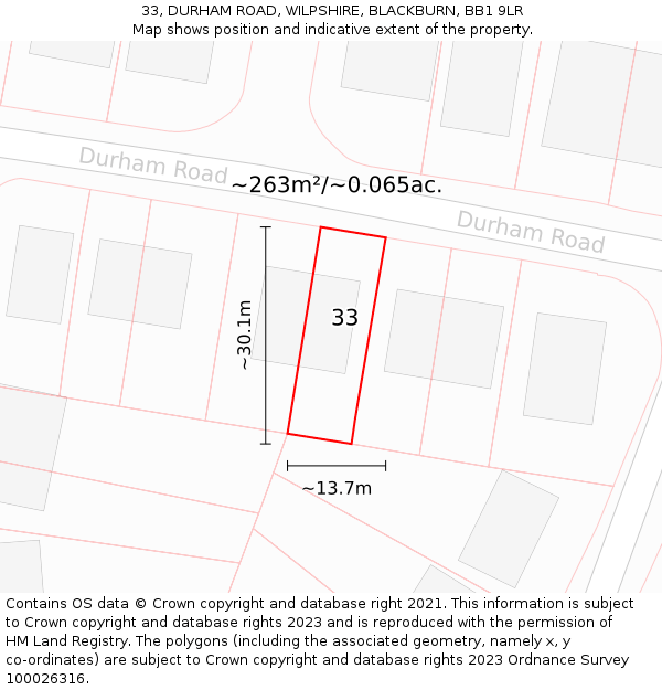 33, DURHAM ROAD, WILPSHIRE, BLACKBURN, BB1 9LR: Plot and title map