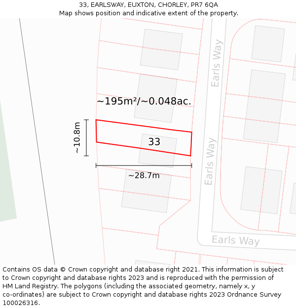 33, EARLSWAY, EUXTON, CHORLEY, PR7 6QA: Plot and title map