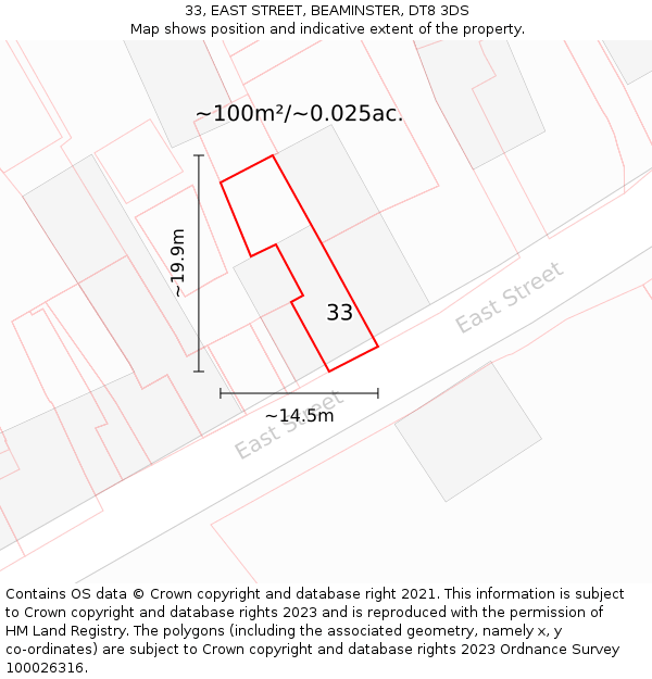 33, EAST STREET, BEAMINSTER, DT8 3DS: Plot and title map