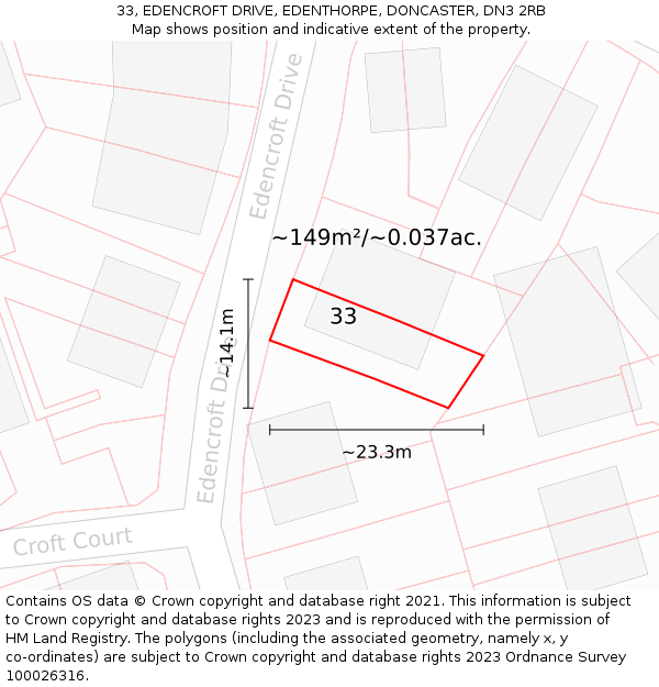 33, EDENCROFT DRIVE, EDENTHORPE, DONCASTER, DN3 2RB: Plot and title map