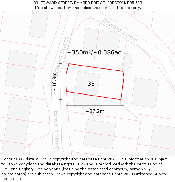 33, EDWARD STREET, BAMBER BRIDGE, PRESTON, PR5 6FB: Plot and title map