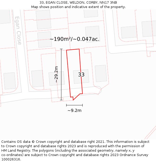 33, EGAN CLOSE, WELDON, CORBY, NN17 3NB: Plot and title map