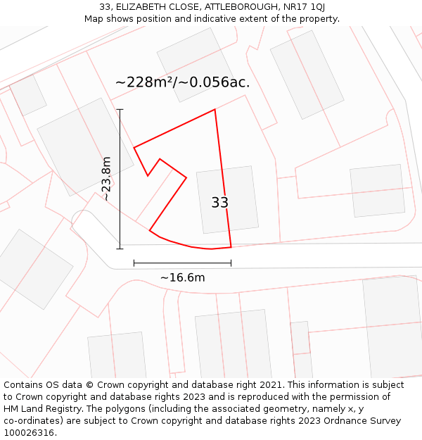 33, ELIZABETH CLOSE, ATTLEBOROUGH, NR17 1QJ: Plot and title map