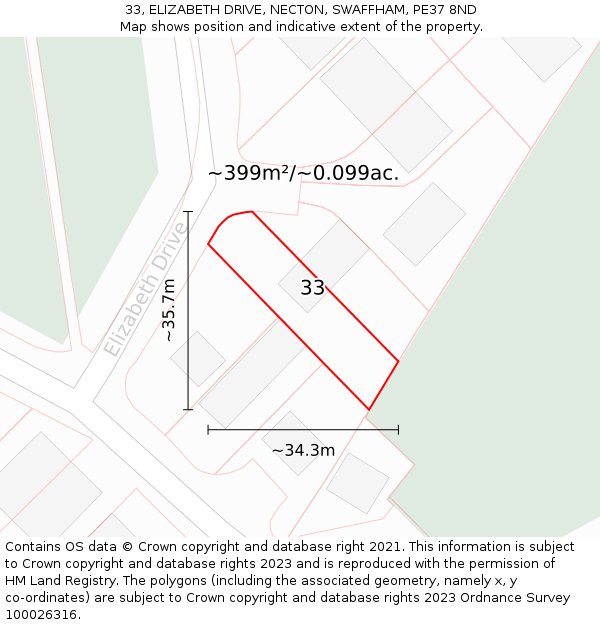33, ELIZABETH DRIVE, NECTON, SWAFFHAM, PE37 8ND: Plot and title map