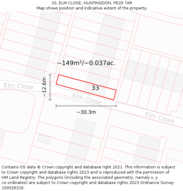33, ELM CLOSE, HUNTINGDON, PE29 7AR: Plot and title map