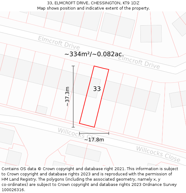 33, ELMCROFT DRIVE, CHESSINGTON, KT9 1DZ: Plot and title map