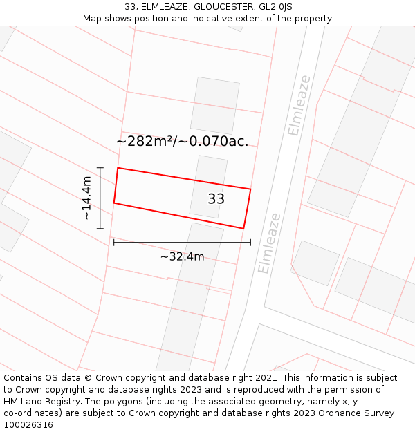 33, ELMLEAZE, GLOUCESTER, GL2 0JS: Plot and title map