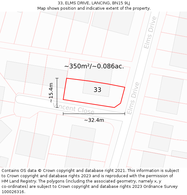 33, ELMS DRIVE, LANCING, BN15 9LJ: Plot and title map