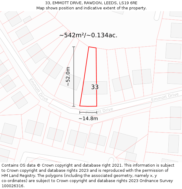 33, EMMOTT DRIVE, RAWDON, LEEDS, LS19 6RE: Plot and title map