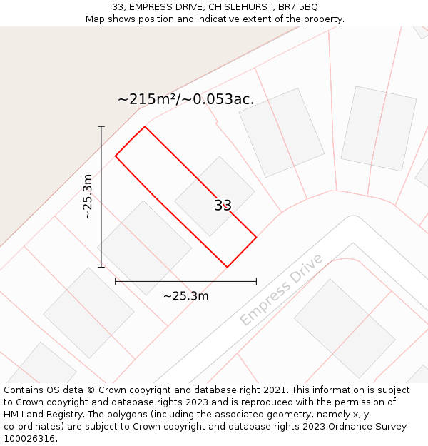 33, EMPRESS DRIVE, CHISLEHURST, BR7 5BQ: Plot and title map