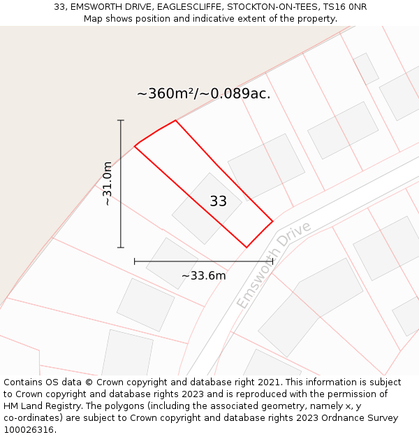 33, EMSWORTH DRIVE, EAGLESCLIFFE, STOCKTON-ON-TEES, TS16 0NR: Plot and title map