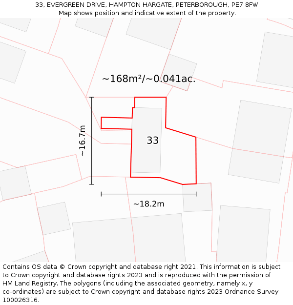 33, EVERGREEN DRIVE, HAMPTON HARGATE, PETERBOROUGH, PE7 8FW: Plot and title map