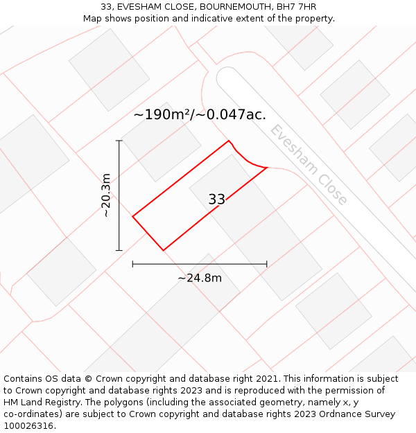 33, EVESHAM CLOSE, BOURNEMOUTH, BH7 7HR: Plot and title map