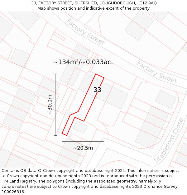 33, FACTORY STREET, SHEPSHED, LOUGHBOROUGH, LE12 9AQ: Plot and title map