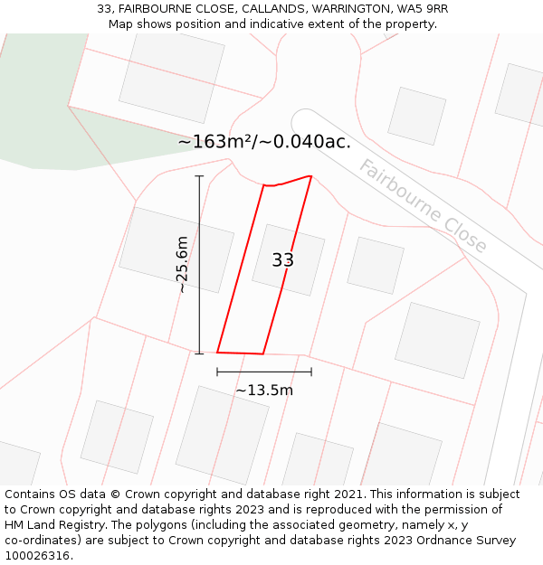 33, FAIRBOURNE CLOSE, CALLANDS, WARRINGTON, WA5 9RR: Plot and title map