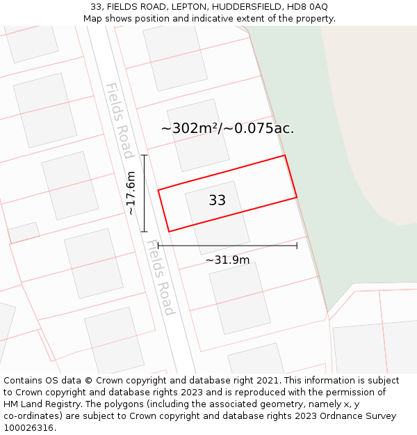 33, FIELDS ROAD, LEPTON, HUDDERSFIELD, HD8 0AQ: Plot and title map