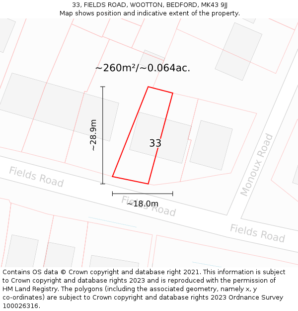 33, FIELDS ROAD, WOOTTON, BEDFORD, MK43 9JJ: Plot and title map