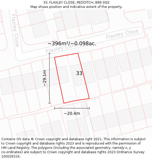 33, FLAXLEY CLOSE, REDDITCH, B98 0QS: Plot and title map