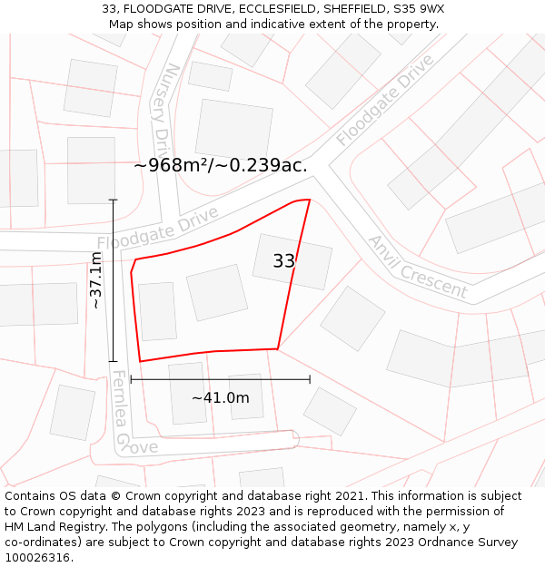 33, FLOODGATE DRIVE, ECCLESFIELD, SHEFFIELD, S35 9WX: Plot and title map