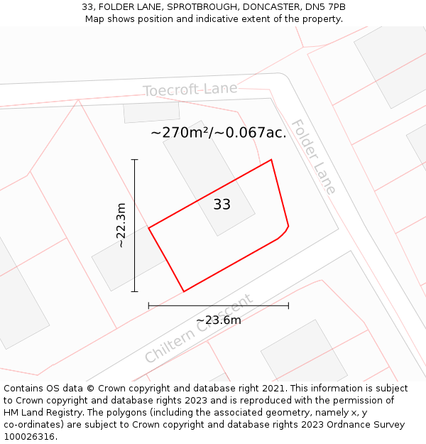 33, FOLDER LANE, SPROTBROUGH, DONCASTER, DN5 7PB: Plot and title map