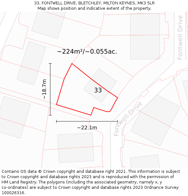 33, FONTWELL DRIVE, BLETCHLEY, MILTON KEYNES, MK3 5LR: Plot and title map