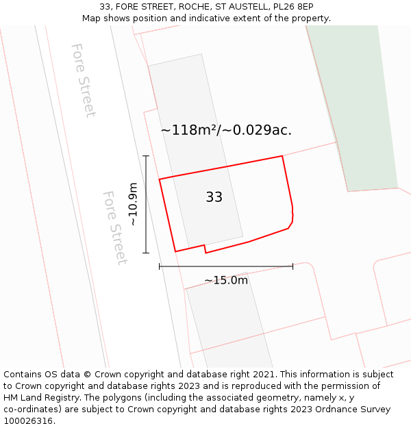 33, FORE STREET, ROCHE, ST AUSTELL, PL26 8EP: Plot and title map