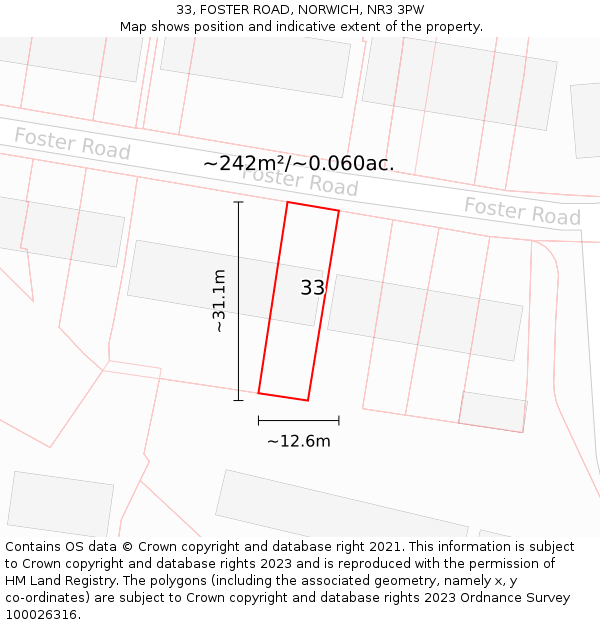 33, FOSTER ROAD, NORWICH, NR3 3PW: Plot and title map