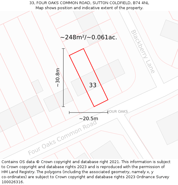 33, FOUR OAKS COMMON ROAD, SUTTON COLDFIELD, B74 4NL: Plot and title map