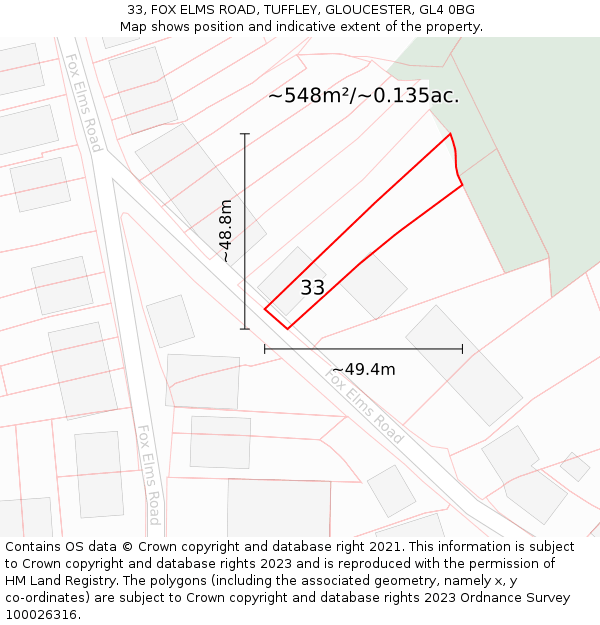33, FOX ELMS ROAD, TUFFLEY, GLOUCESTER, GL4 0BG: Plot and title map