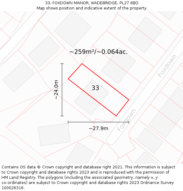 33, FOXDOWN MANOR, WADEBRIDGE, PL27 6BD: Plot and title map