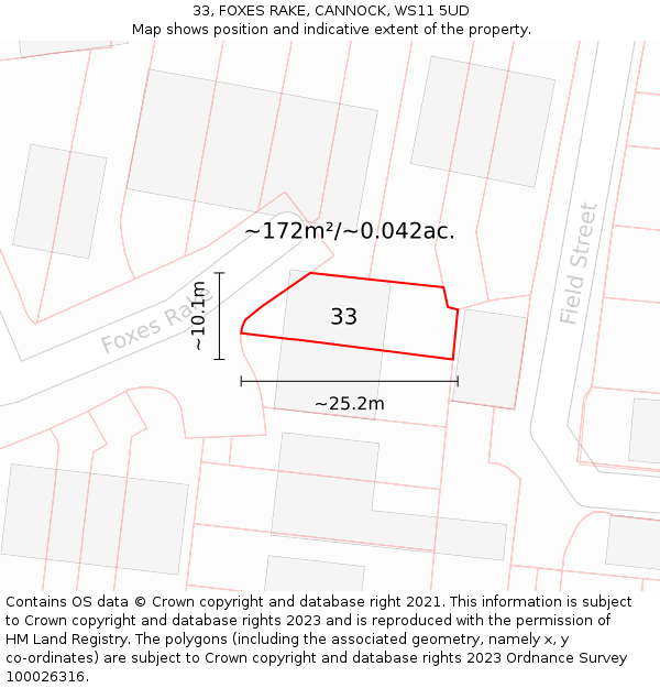 33, FOXES RAKE, CANNOCK, WS11 5UD: Plot and title map